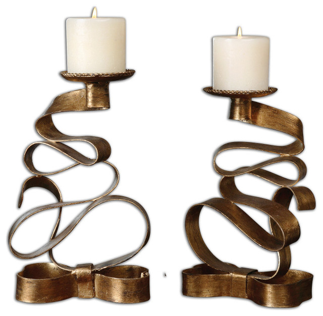 Pazia Gold Metal Candleholders S/2 Mediterranean Candles And Candle Holders by Bludot