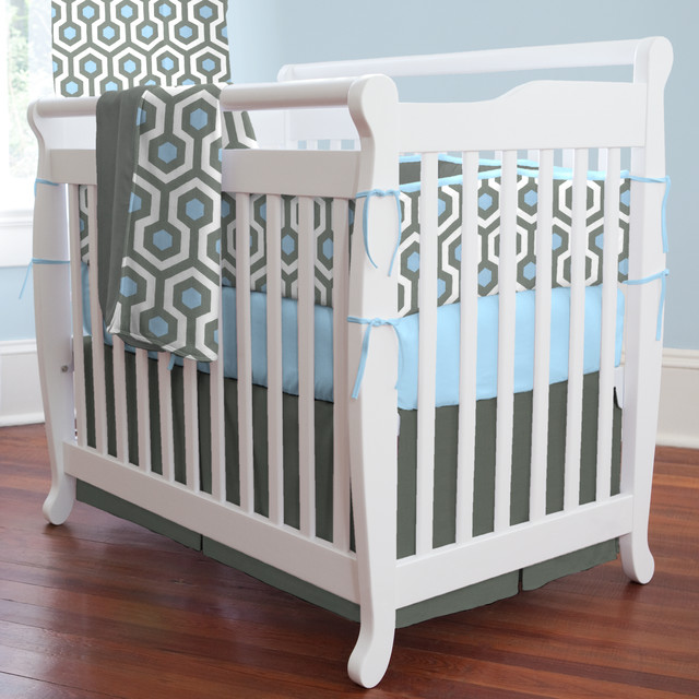 Blue and Gray Mini Crib Bedding