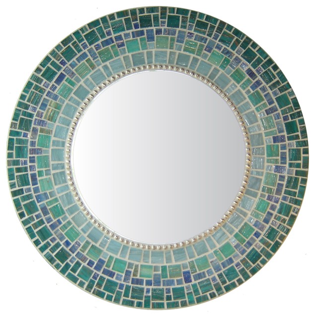 Round Mirror Blue & Teal Glass Mosaic, 18" Contemporary Mirrors