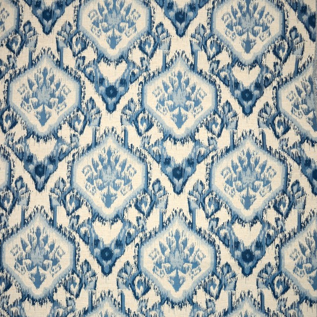 Turhal Bluestone Caribbean Turquoise Blue Cream Ikat Damask Fabric