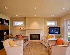 living room with travertine and venetian marble fireplace modern family room
