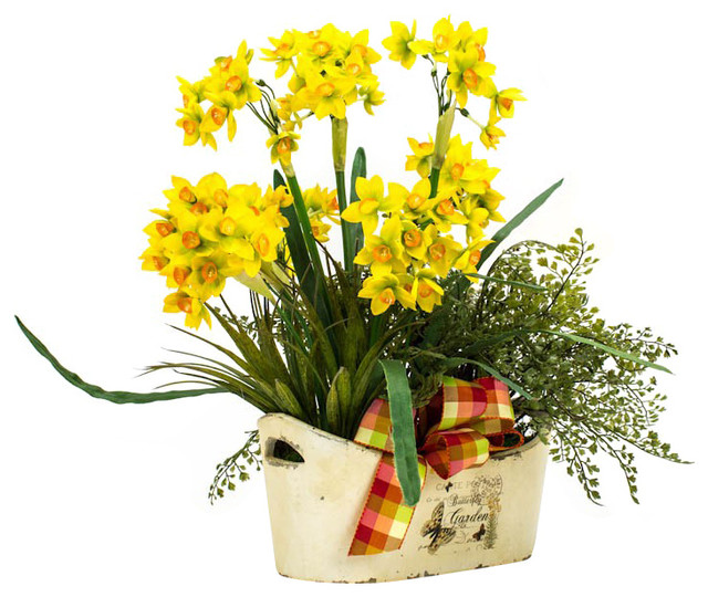 Yellow Summer Potted Daffodils Traditional Artificial Flowers