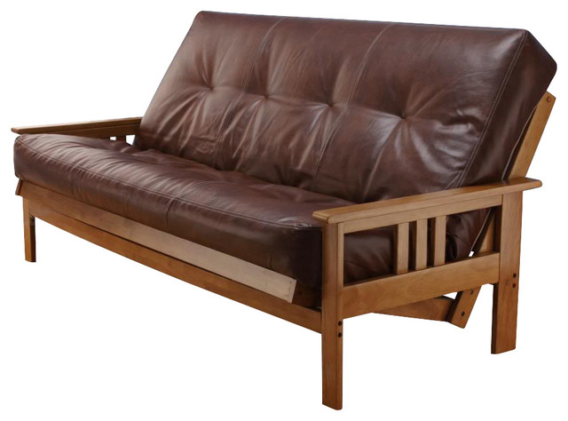 Andover Full Size Futon Sofa Bed Honey Oak Wood Frame Bonded Leather ...