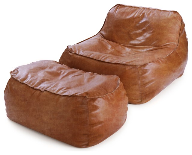 Rust Leather Bean Bag Lounge Chair & Ottoman - Contemporary - Bean Bag