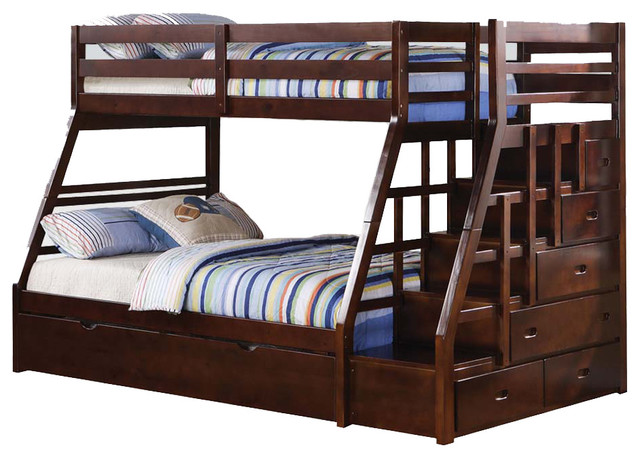 Espresso Wood Stairway Chest Twin Over Full Bunk Bed w/ Trundle ...