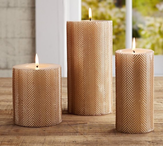 Gold Herringbone Pillar Candle Contemporary Candles sacramento