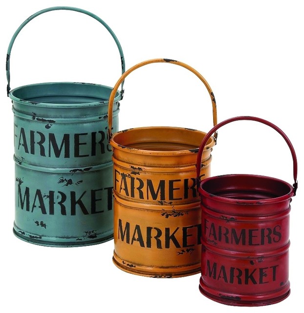 Bucket Set of 3 Blue Yellow Red Rustic Metal Farmers Market Decor 54429