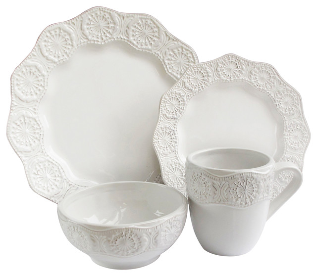 Celeste 16 Piece Dinnerware Set, White Traditional Dinnerware by