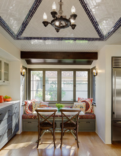 Kitchen Eating Area with Subway Tile on Ceiling in a Herringbone Pattern