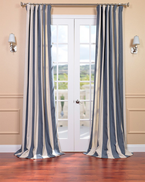 Veranda Navy Stripe Linen Blend Curtain Panel - Contemporary - Curtains