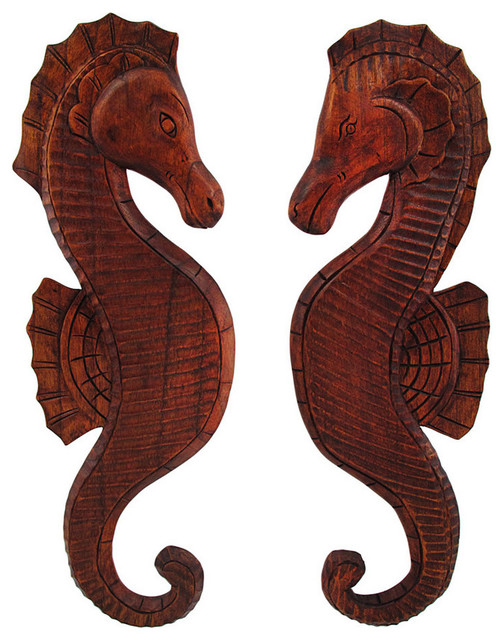 Pair of Hand Carved Mahogany Seahorse Wall Hangings Tropical