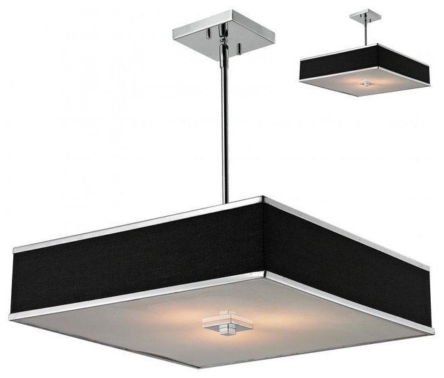 Chrome 3 Light Chrome Pendant with Black Fabric Square Shade Contemporary Pendant Lighting
