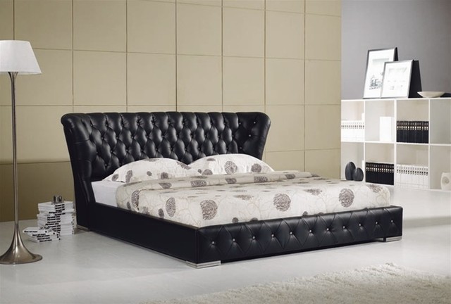 Black Leather Platform Bed with Tufted Headboard - modern - beds ...