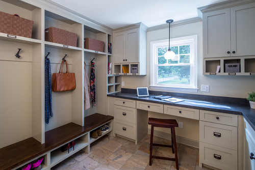 This mudroom is brightened with a Feiss Urban Renewal pendant. Photo credit: Transitional Entry by Minneapolis Kitchen & Bath Remodelers Sicora Design/Build