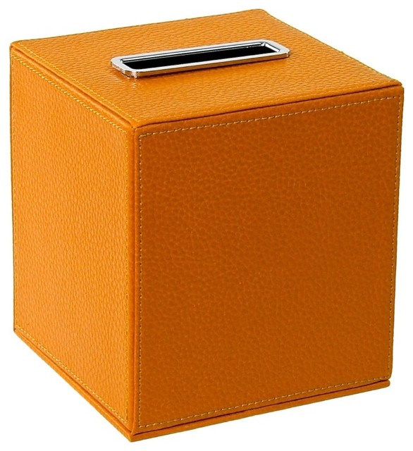 Square Tissue Box Holder Made From Faux Leather in Orange Finish