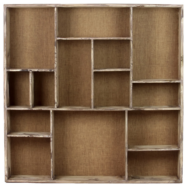 Wood Wall Shelf With 14 Shelves and Burlap Backing Distressed White