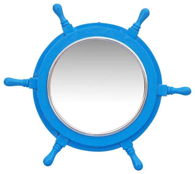 Pirate Ship Steering Wheel Mirror, Light Blue Wood and Chrome Beach Style Wall Mirrors by