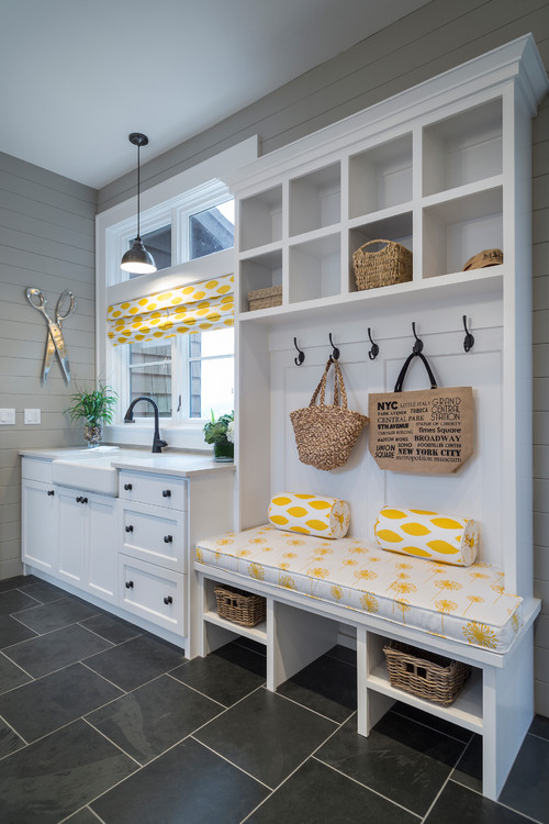A pendant like the Kichler Hatteras Bay can help you get this smart mudroom style! Photo credit: Transitional Entry by Portland Architects & Building Designers Alan Mascord Design Associates Inc