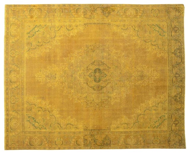 Old Persian Tabriz Hand Knotted Area Rug Gold Overdyed 100 Wool