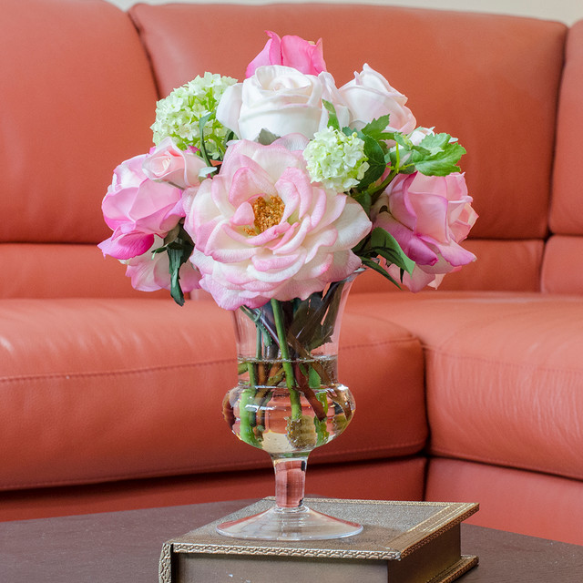 Real Touch Orlane Rose Bud Cabbage Glass Vase Artificial Faux