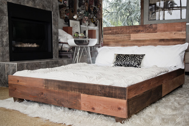 Custom Reclaimed Barn Wood Platform Industrial Bed modern-beds