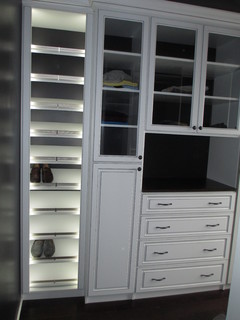 Closet w/lighted slant shoe shelves. glass doors, raised panel door 