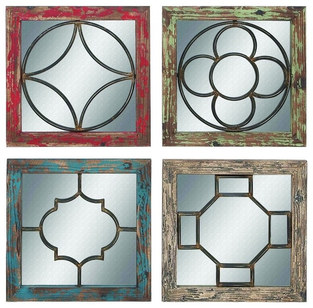 Vintage Set 4 Wall Mirrors Multicolored Wood Frames Metal Overlays