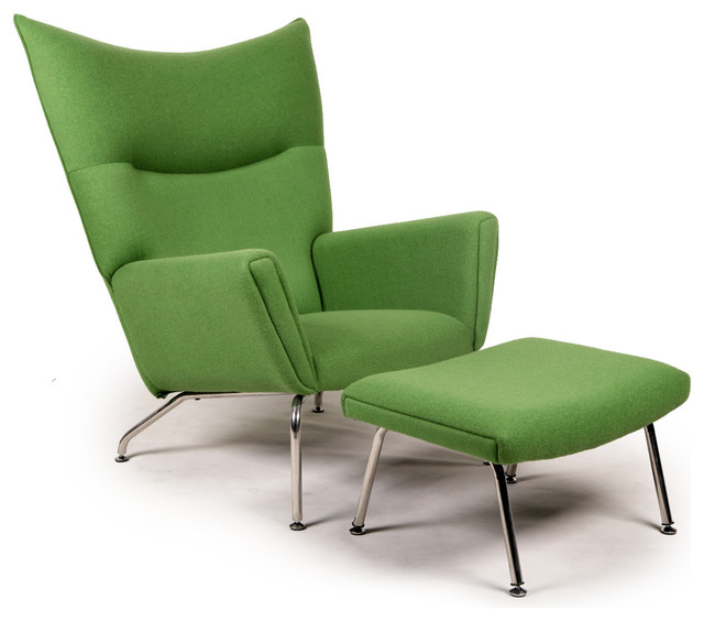 Kardiel Hans J Wegner Style Wing Chair & Ottoman, Apple Green Boucle