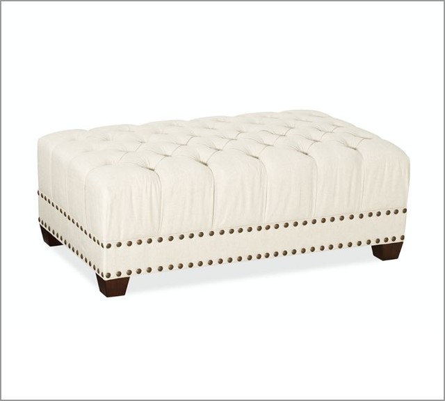 Remington Upholstered Rectangular Nailhead Ottoman, Chunky Herringbone