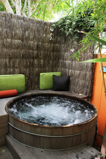 Back deck and hot tub ideas - tropical - patio - los angeles