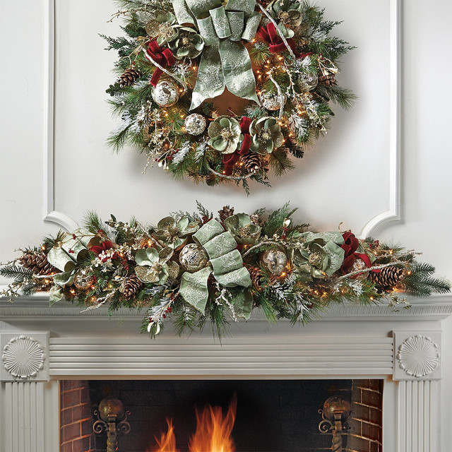 silver green decorated pre lit mantle swag frontgate silver green decorated pre lit mantle swag frontgate