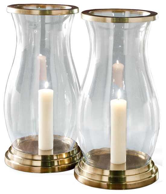 Pair Viana Large Hourglass Antique Brass Hurricane Candle Holders