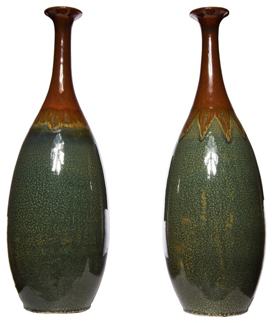 Pair of tall green & burgundy Ceramics Vases Transitional Vases