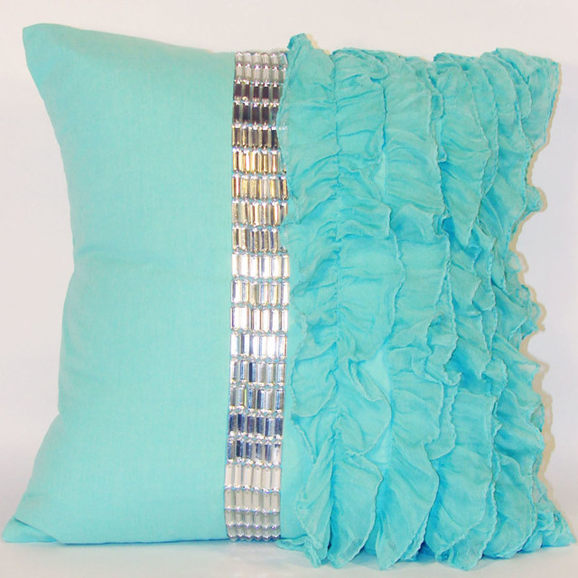 Turquoise Jewel and Chiffon Ruffle Throw Pillow - Modern - Decorative Pillows - by Rosenberry Rooms