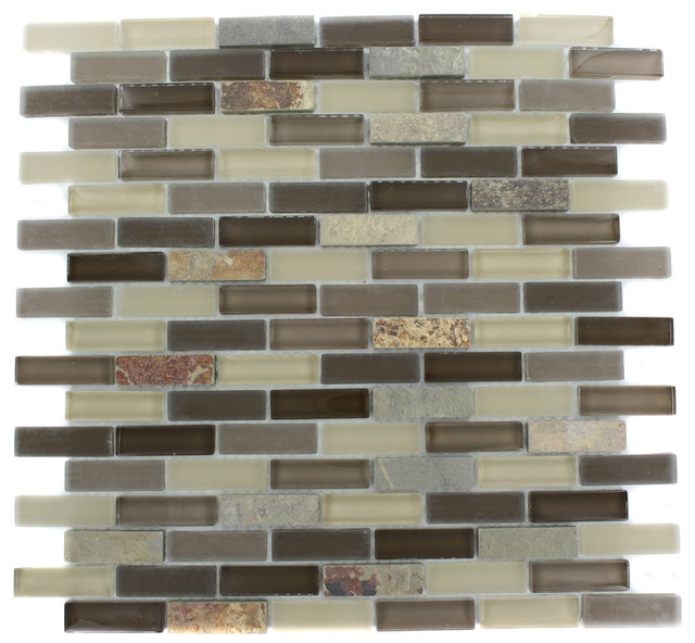 Geological Brick Multicolor Slate &amp; Khaki Blend Glass Tiles 