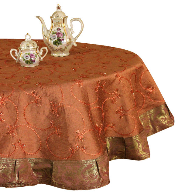 Hand Embroidered 53" Round Tablecloth Asian Tablecloths by Banarsi Designs