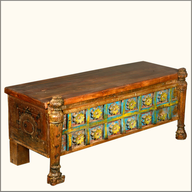 Reclaimed Wood Hand Painted French Gothic Carved Hope Blanket Chest