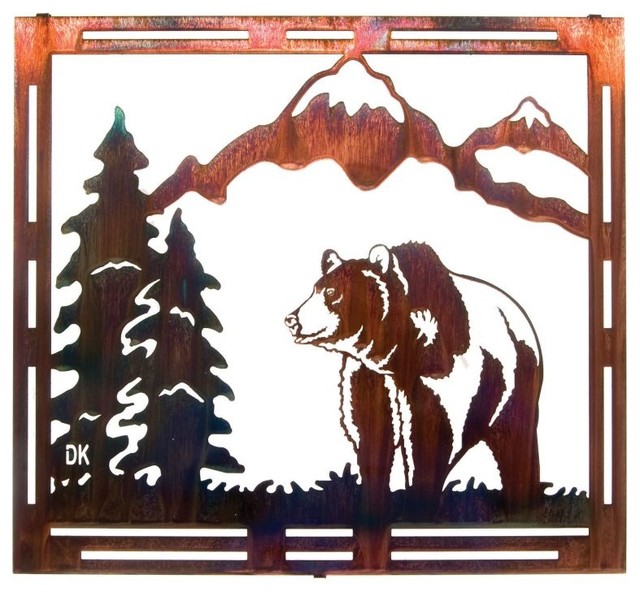 Rustic Framed Grizzly & Mountain Metal Art Rustic Artwork by