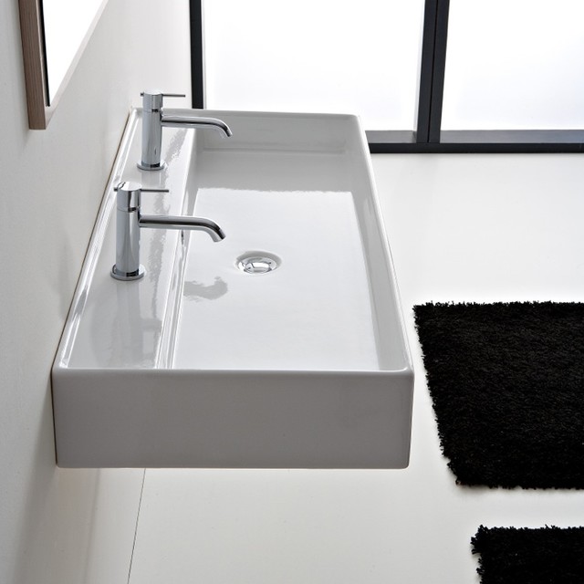 Rectangular White Ceramic Wall Mounted or Vessel Sink - Contemporary ...