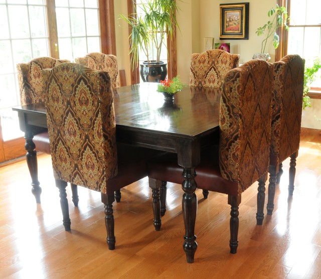 Custom Square Dining Table & Leather-Fabric Upholstered Parsons Dining