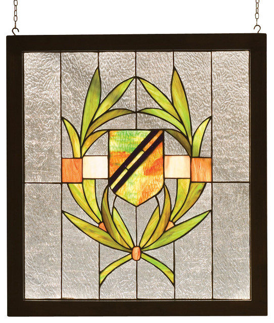 24"W X 26"H Shield Wood Frame Stained Glass Window Traditional