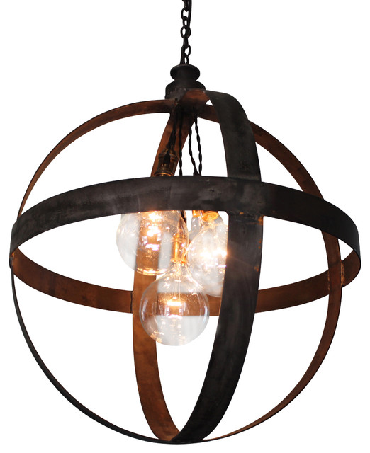 Large Steel Band Sphere Pendant, Black Iron Industrial Chandeliers