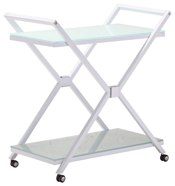 Zuo Xert Modern White and Glass Serving Cart on Wheels Contemporary