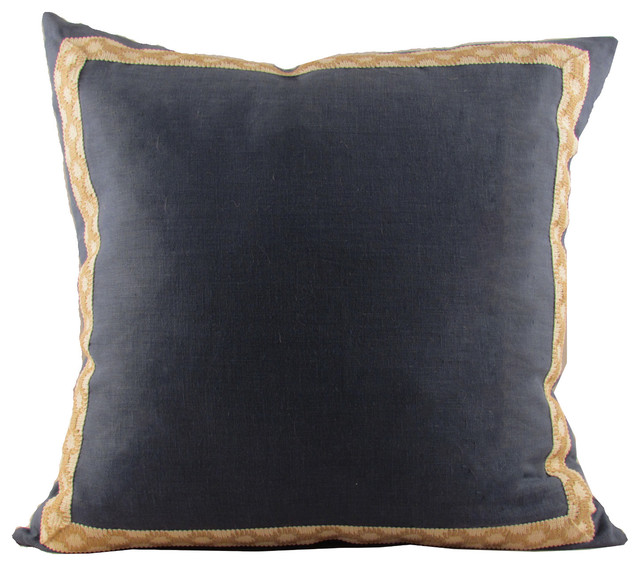 Navy Linen with JuteonCotton Hanmpton Trim Throw Pillow Contemporary Decorative Pillows