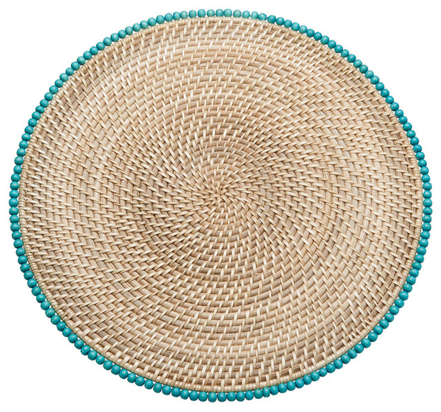 Round Rattan Placemats With Wood Beads, Set of 2 Beach Style Placemats other metro by KOUBOO