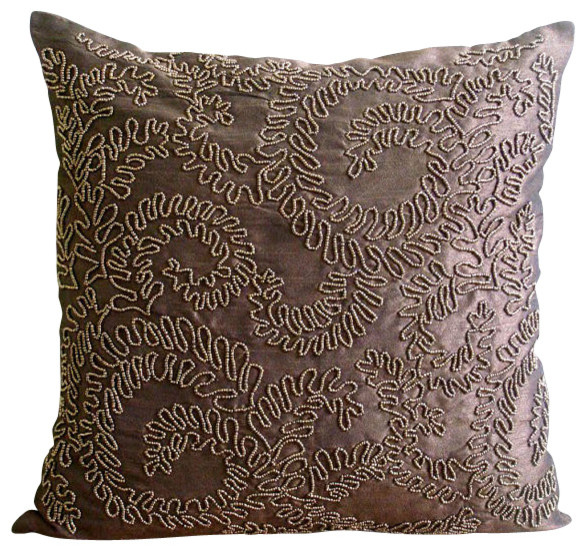 Brown Gold Ivy Decorative Silk Euro Sham Cover, 26x26 Traditional