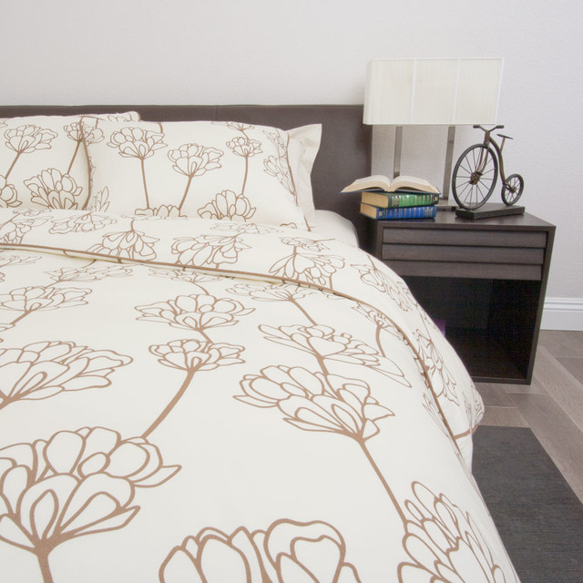 Floral Print Designer Duvet Cover, The Mariposa Beige Modern Duvet
