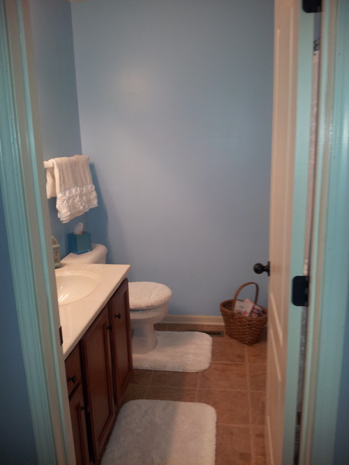 Need ideas for the bathroom/floor & empty wall.