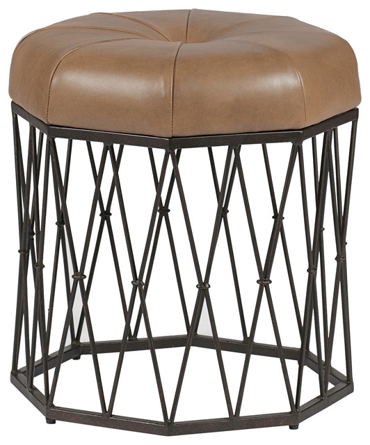 Elaine Contemporary Caramel Leather Lattice Drum Tufted Ottoman