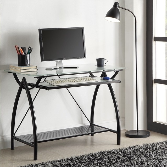 Black Metal Glass Top Desk with Keyboard Tray Contemporary Desks